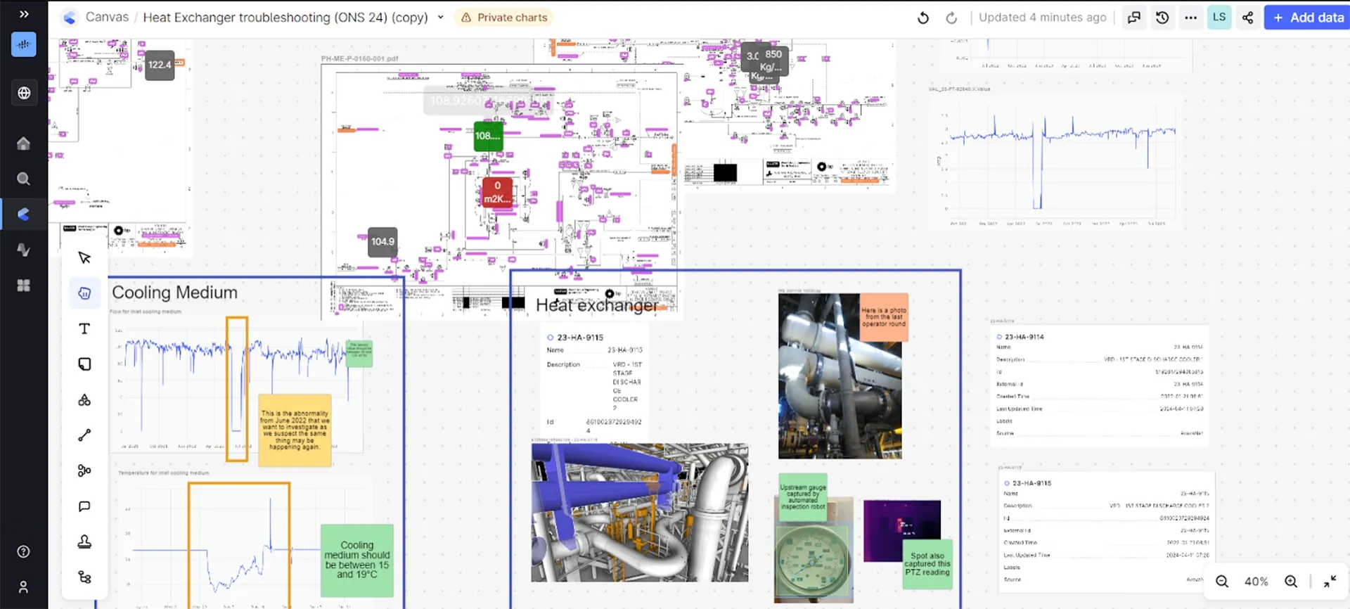 Diagrams and P&IDs that are contextualized make it possible to bring previously siloed data together in one seamless experience to conduct e.g., advanced Root Cause Analysis