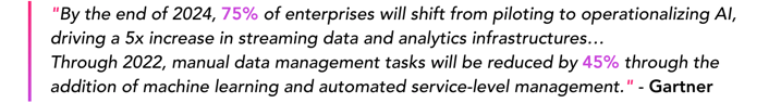 “By the end of 2024, 75% of enterprises will shift from piloting to operationalizing AI, driving a 5x increase in streaming data and analytics infrastructures… Through 2022, manual data management tasks will be reduced by 45% through the addition of machine learning and automated service-level management.” - Gartner